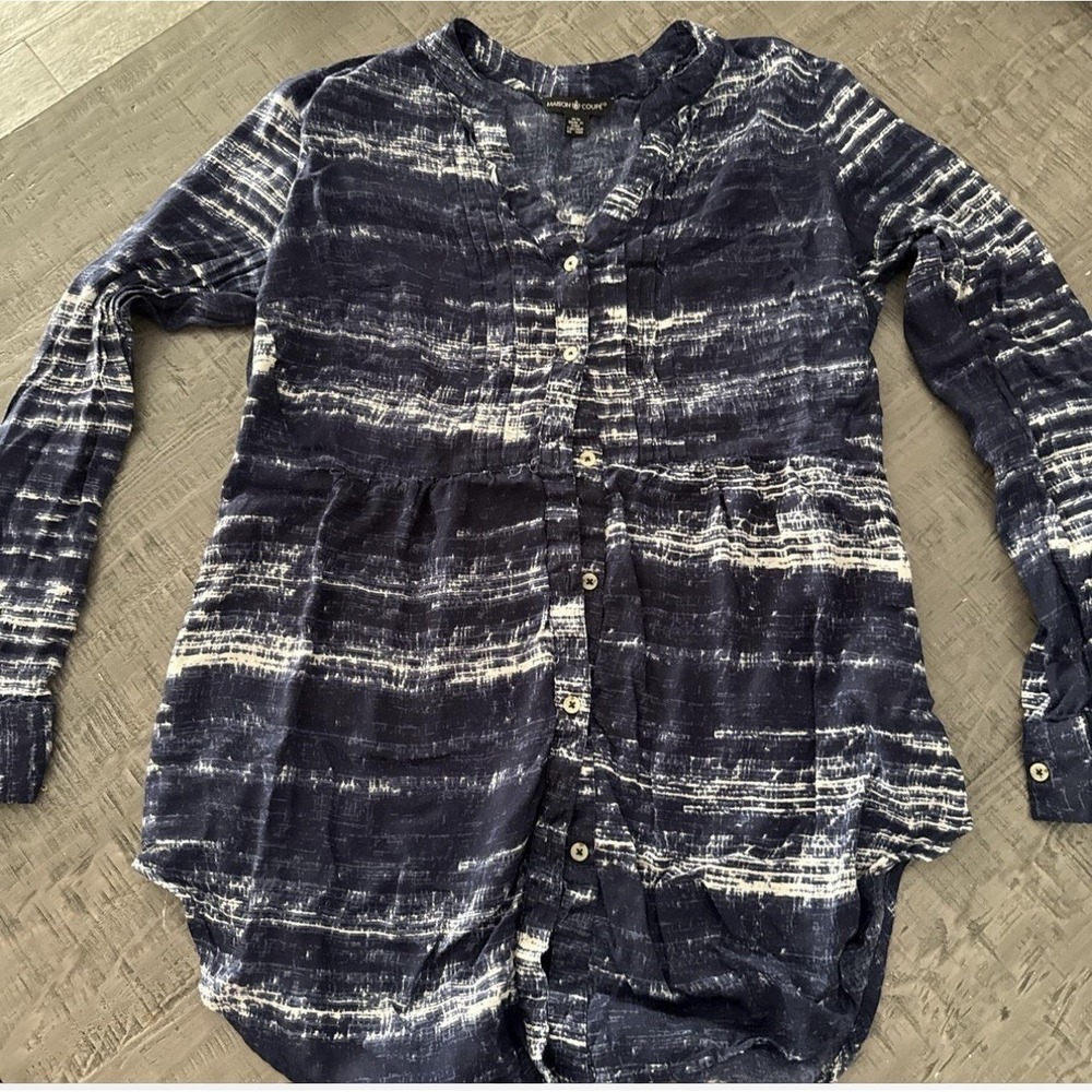 Maison Coupe Navy White Abstract Print Tunic Shirt Womens Long Sleeve V Neck